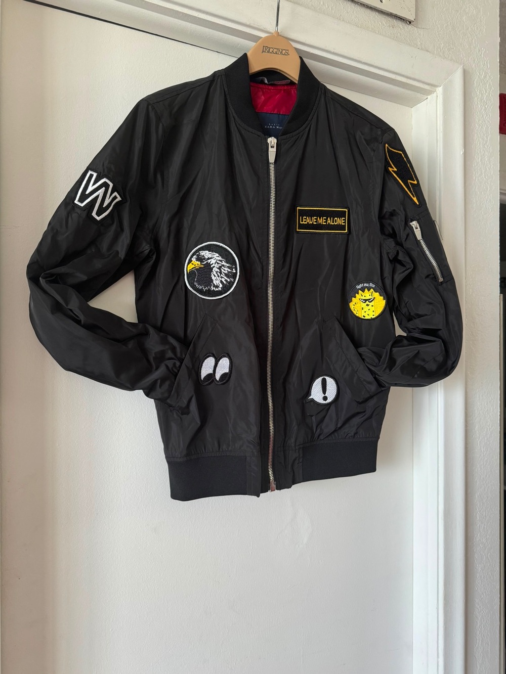 Zara Black Bomber Jacket with Yellow Patch Accents